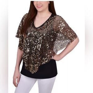 NY Collection gold sequin front poncho knit black top